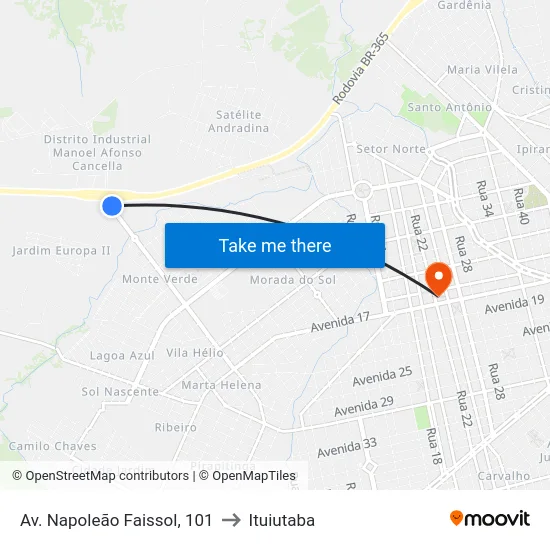 Av. Napoleão Faissol, 101 to Ituiutaba map