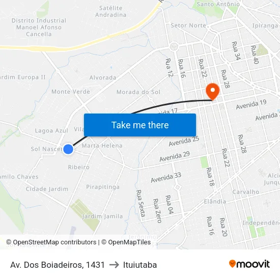 Av. Dos Boiadeiros, 1431 to Ituiutaba map