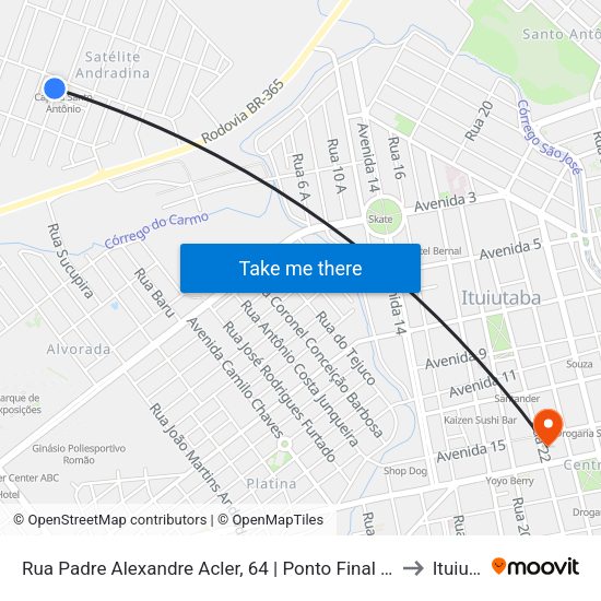 Rua Padre Alexandre Acler, 64 | Ponto Final Do Satélite Andradina to Ituiutaba map