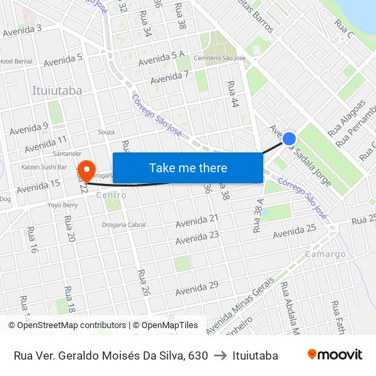 Rua Ver. Geraldo Moisés Da Silva, 630 to Ituiutaba map