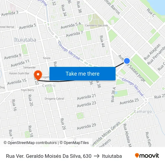 Rua Ver. Geraldo Moisés Da Silva, 630 to Ituiutaba map