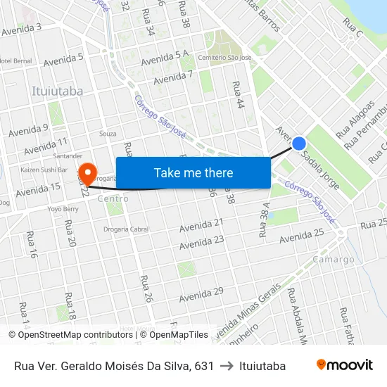 Rua Ver. Geraldo Moisés Da Silva, 631 to Ituiutaba map