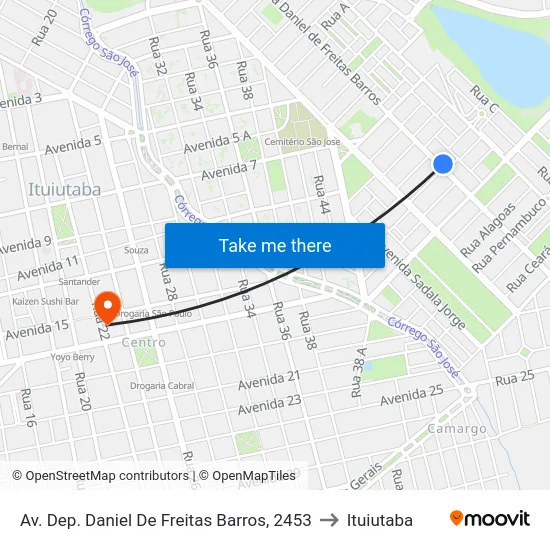Av. Dep. Daniel De Freitas Barros, 2453 to Ituiutaba map