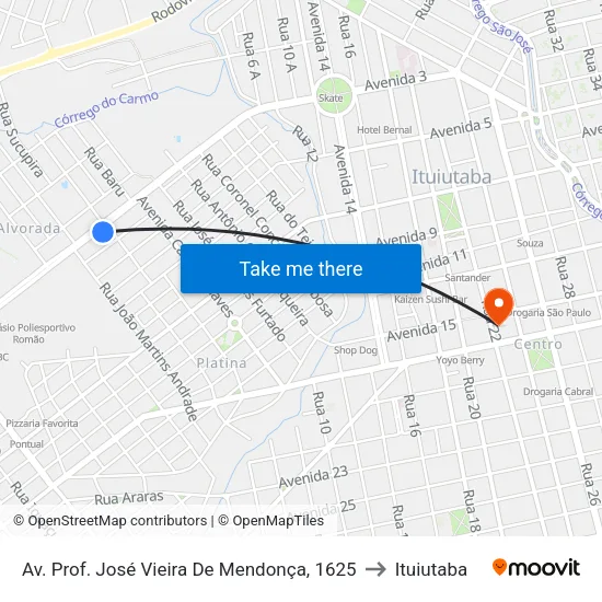 Av. Prof. José Vieira De Mendonça, 1625 to Ituiutaba map