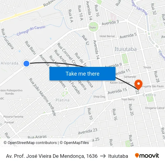 Av. Prof. José Vieira De Mendonça, 1636 to Ituiutaba map