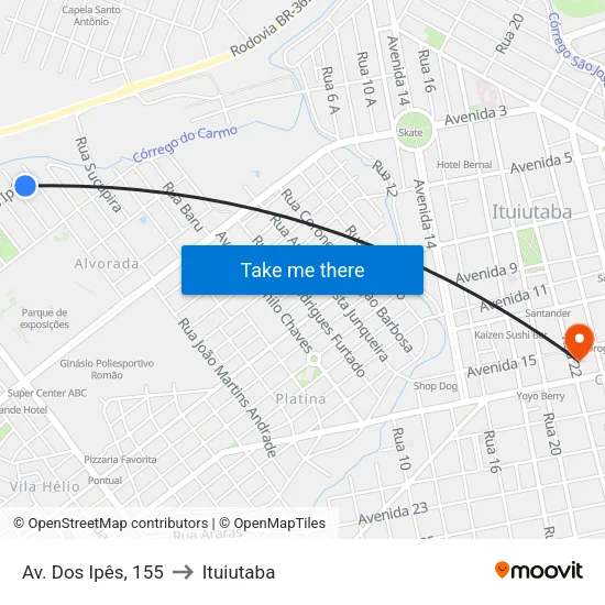 Av. Dos Ipês, 155 to Ituiutaba map