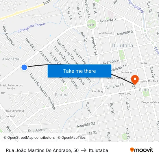 Rua João Martins De Andrade, 50 to Ituiutaba map
