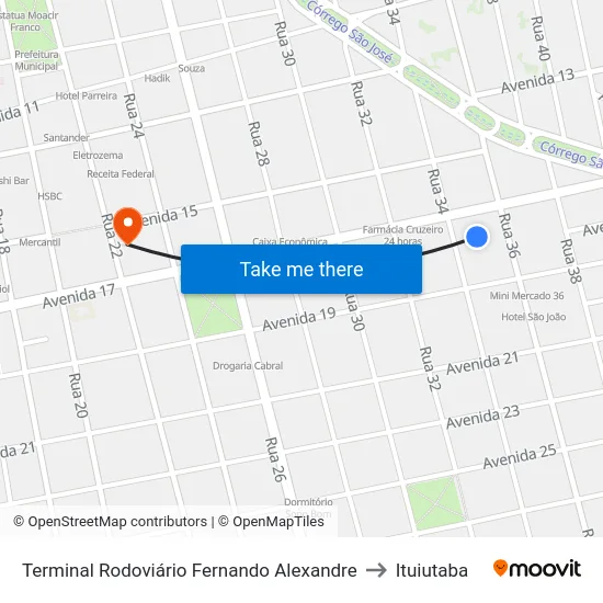 Terminal Rodoviário Fernando Alexandre to Ituiutaba map
