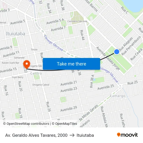 Av. Geraldo Alves Tavares, 2000 to Ituiutaba map