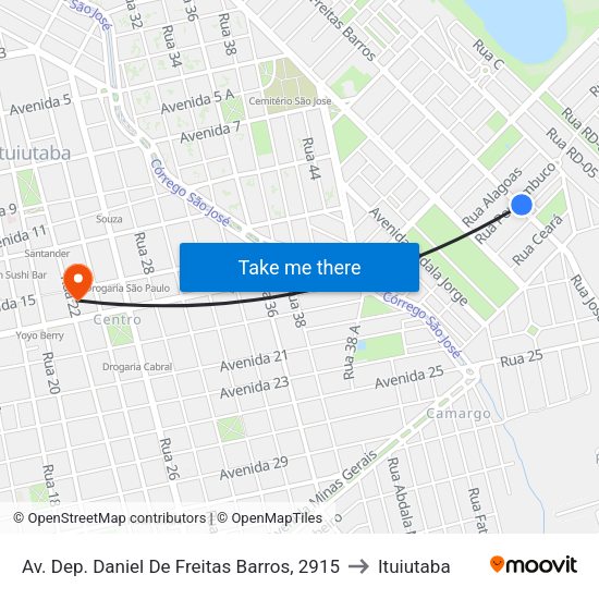 Av. Dep. Daniel De Freitas Barros, 2915 to Ituiutaba map