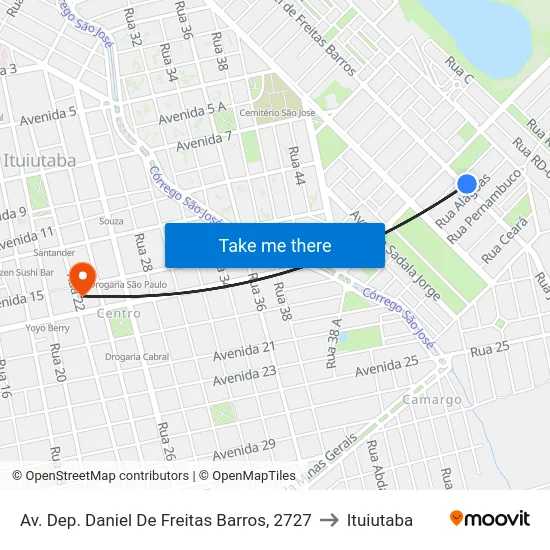 Av. Dep. Daniel De Freitas Barros, 2727 to Ituiutaba map