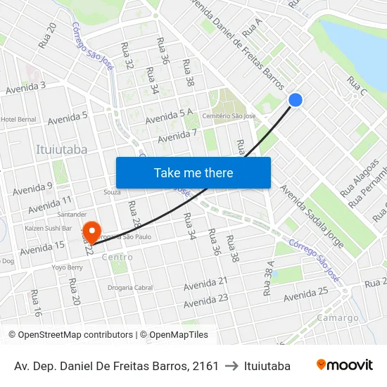 Av. Dep. Daniel De Freitas Barros, 2161 to Ituiutaba map
