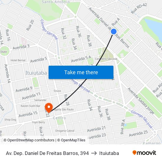 Av. Dep. Daniel De Freitas Barros, 394 to Ituiutaba map