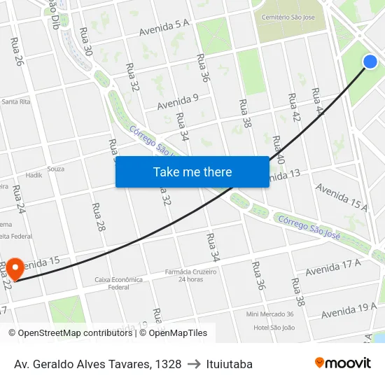 Av. Geraldo Alves Tavares, 1328 to Ituiutaba map