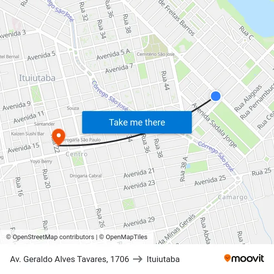 Av. Geraldo Alves Tavares, 1706 to Ituiutaba map