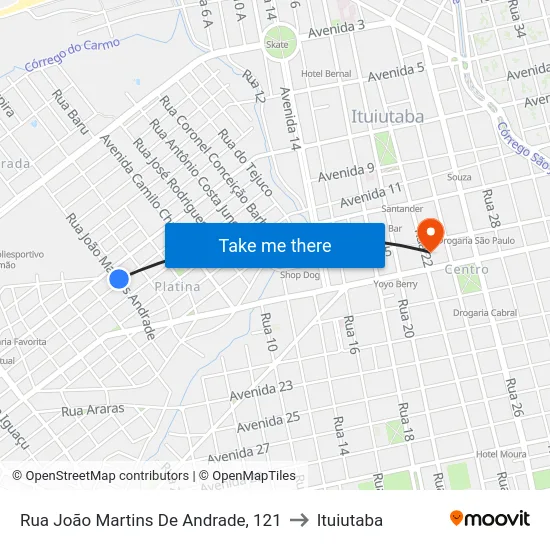 Rua João Martins De Andrade, 121 to Ituiutaba map