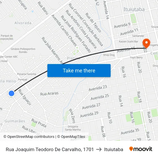 Rua Joaquim Teodoro De Carvalho, 1701 to Ituiutaba map