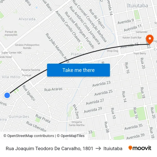 Rua Joaquim Teodoro De Carvalho, 1801 to Ituiutaba map