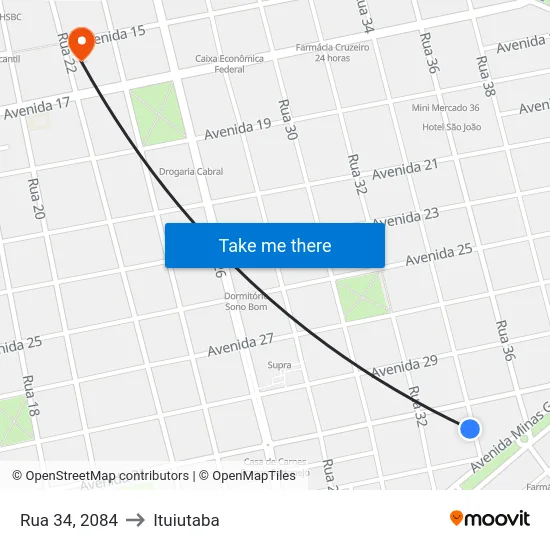 Rua 34, 2084 to Ituiutaba map