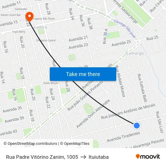 Rua Padre Vitórino Zanim, 1005 to Ituiutaba map