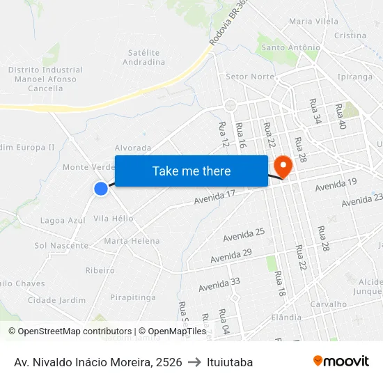 Av. Nivaldo Inácio Moreira, 2526 to Ituiutaba map
