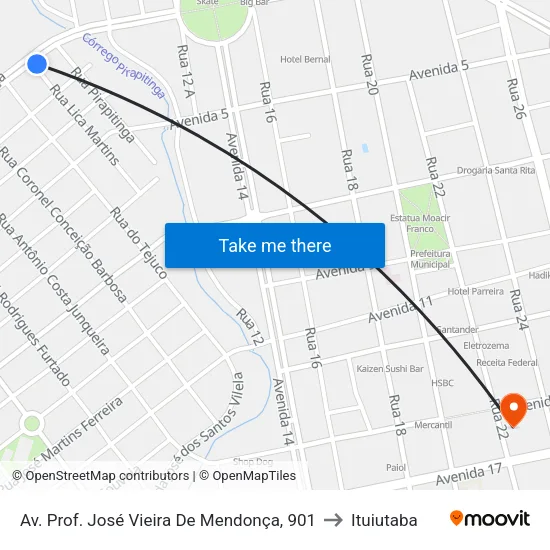 Av. Prof. José Vieira De Mendonça, 901 to Ituiutaba map