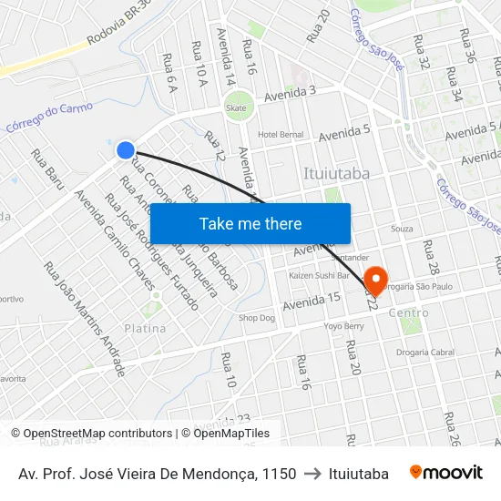 Av. Prof. José Vieira De Mendonça, 1150 to Ituiutaba map