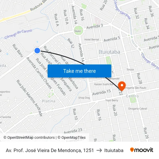 Av. Prof. José Vieira De Mendonça, 1251 to Ituiutaba map