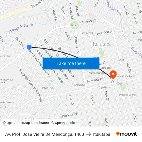 Av. Prof. José Vieira De Mendonça, 1400 to Ituiutaba map