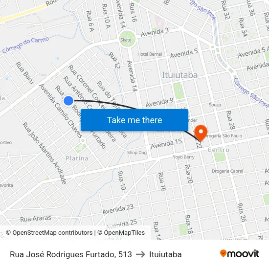 Rua José Rodrigues Furtado, 513 to Ituiutaba map