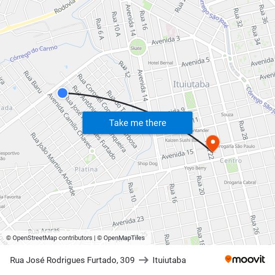 Rua José Rodrigues Furtado, 309 to Ituiutaba map