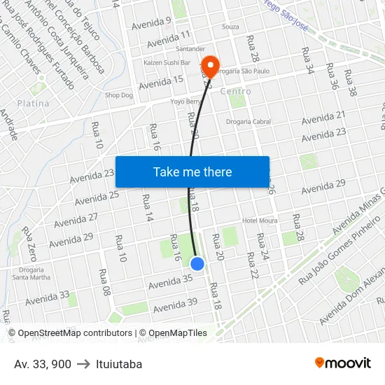 Av. 33, 900 to Ituiutaba map