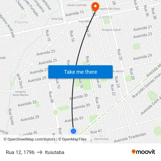 Rua 12, 1796 to Ituiutaba map