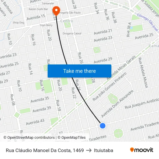 Rua Cláudio Manoel Da Costa, 1469 to Ituiutaba map
