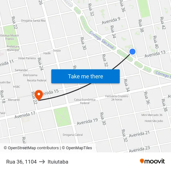 Rua 36, 1104 to Ituiutaba map