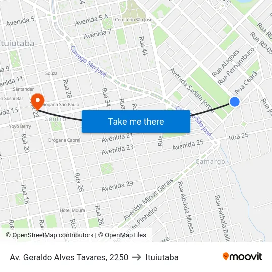 Av. Geraldo Alves Tavares, 2250 to Ituiutaba map