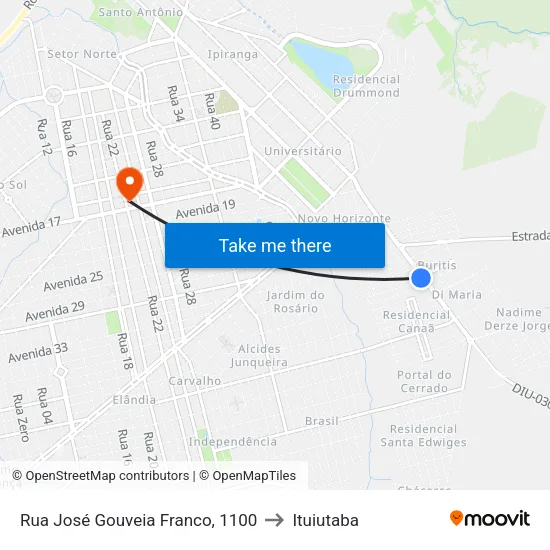 Rua José Gouveia Franco, 1100 to Ituiutaba map