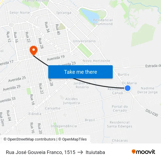 Rua José Gouveia Franco, 1515 to Ituiutaba map
