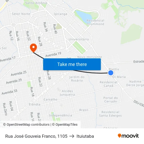 Rua José Gouveia Franco, 1105 to Ituiutaba map