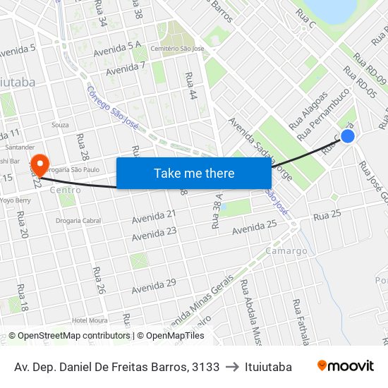 Av. Dep. Daniel De Freitas Barros, 3133 to Ituiutaba map