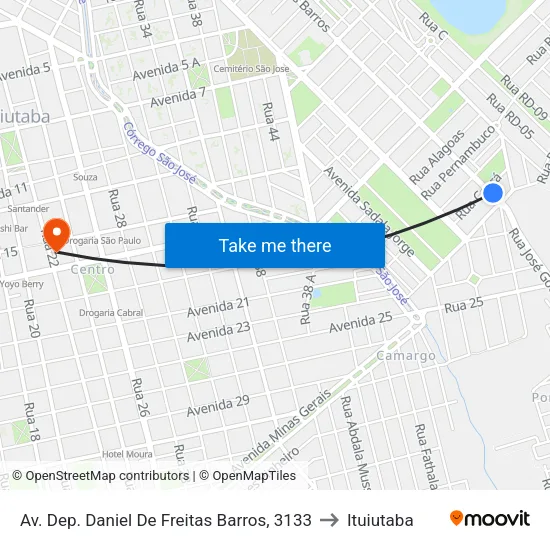 Av. Dep. Daniel De Freitas Barros, 3133 to Ituiutaba map