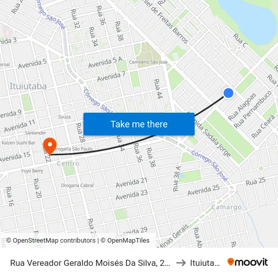 Rua Vereador Geraldo Moisés Da Silva, 284 to Ituiutaba map