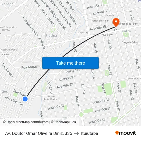 Av. Doutor Omar Oliveira Diniz, 335 to Ituiutaba map