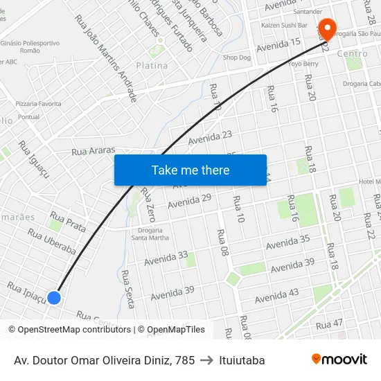 Av. Doutor Omar Oliveira Diniz, 785 to Ituiutaba map
