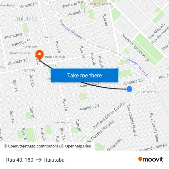 Rua 40, 180 to Ituiutaba map