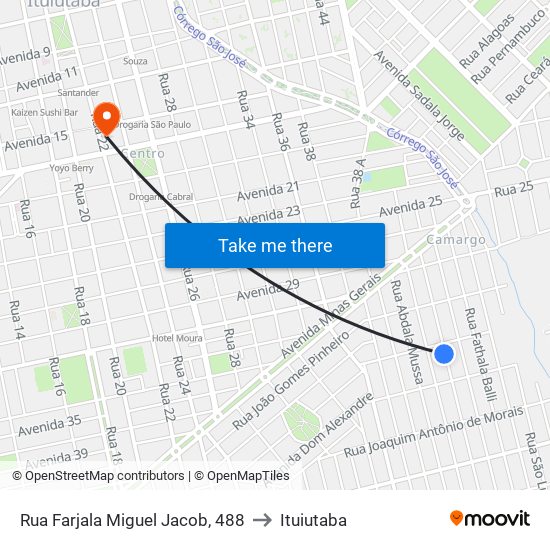 Rua Farjala Miguel Jacob, 488 to Ituiutaba map