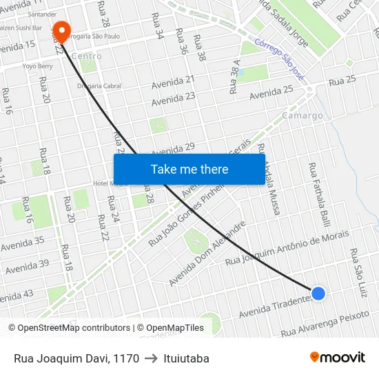 Rua Joaquim Davi, 1170 to Ituiutaba map
