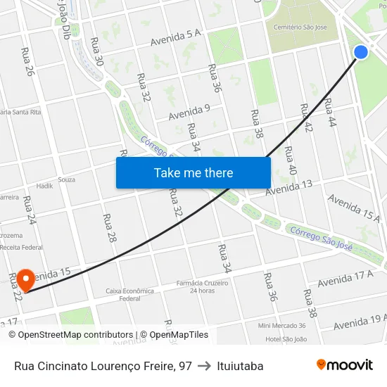 Rua Cincinato Lourenço Freire, 97 to Ituiutaba map