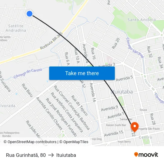 Rua Gurinhatã, 80 to Ituiutaba map