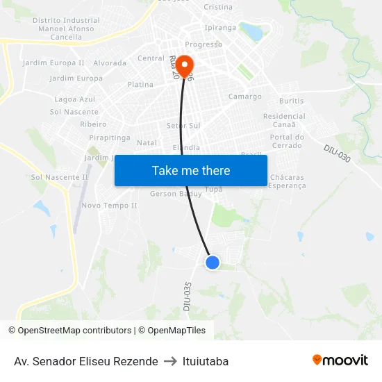 Av. Senador Eliseu Rezende to Ituiutaba map